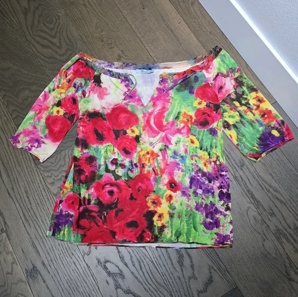 Blumarine Italy Silk Knit Half Sleeve Vibrant Rose Floral Peasant Blouse - Picture 6 of 12